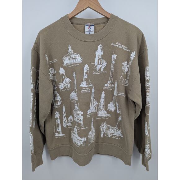 Vintage Lighthouse Map Large Brown Crewneck Sweatshirt White Print Size Large L - Picture 1 of 4
